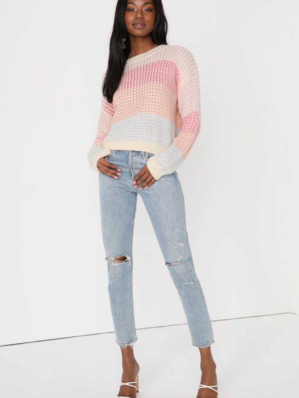 Lulus Effortlessly Cute Ivory Multi Striped Knit Cropped Sweater M